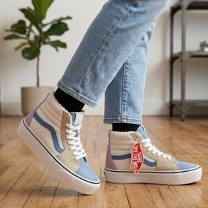 Vans Sk8-Hi Tapered Pig Suede Sherpa Platform Sneakers Women’s Size 5 Blue Beige